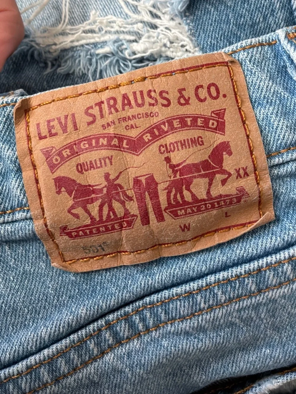 Levi’s Medium Blue Button Fly 5 Pocket High Waist Jean Cut Off Shorts Size 28